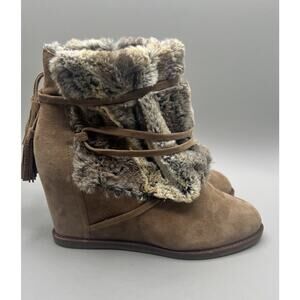 Johnston & Murphy Womens Size 9M Tan Suede Faux Fur Zip Up Wedge Ankle Booties